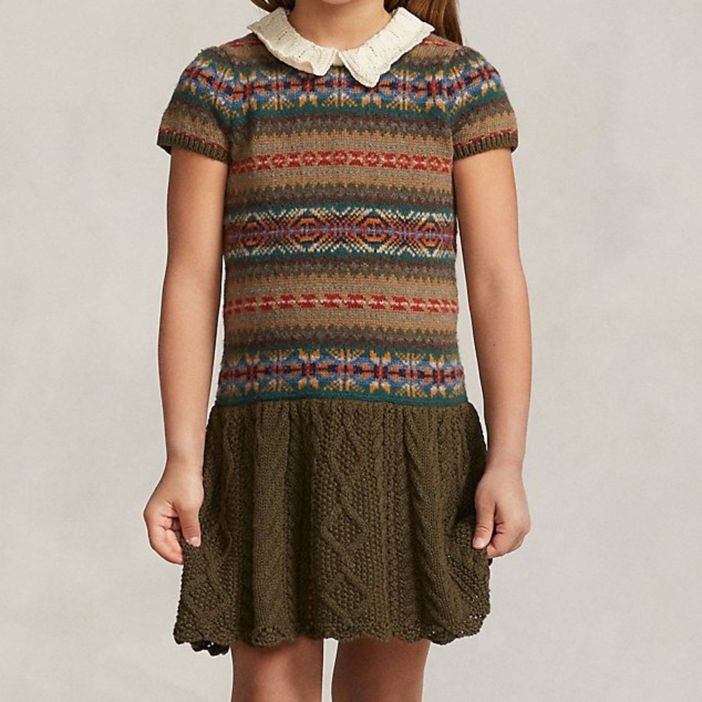POLO RALPH LAUREN Kids' Fair Isle Cotton-blend Sweater Dress + Beret Olive VTG